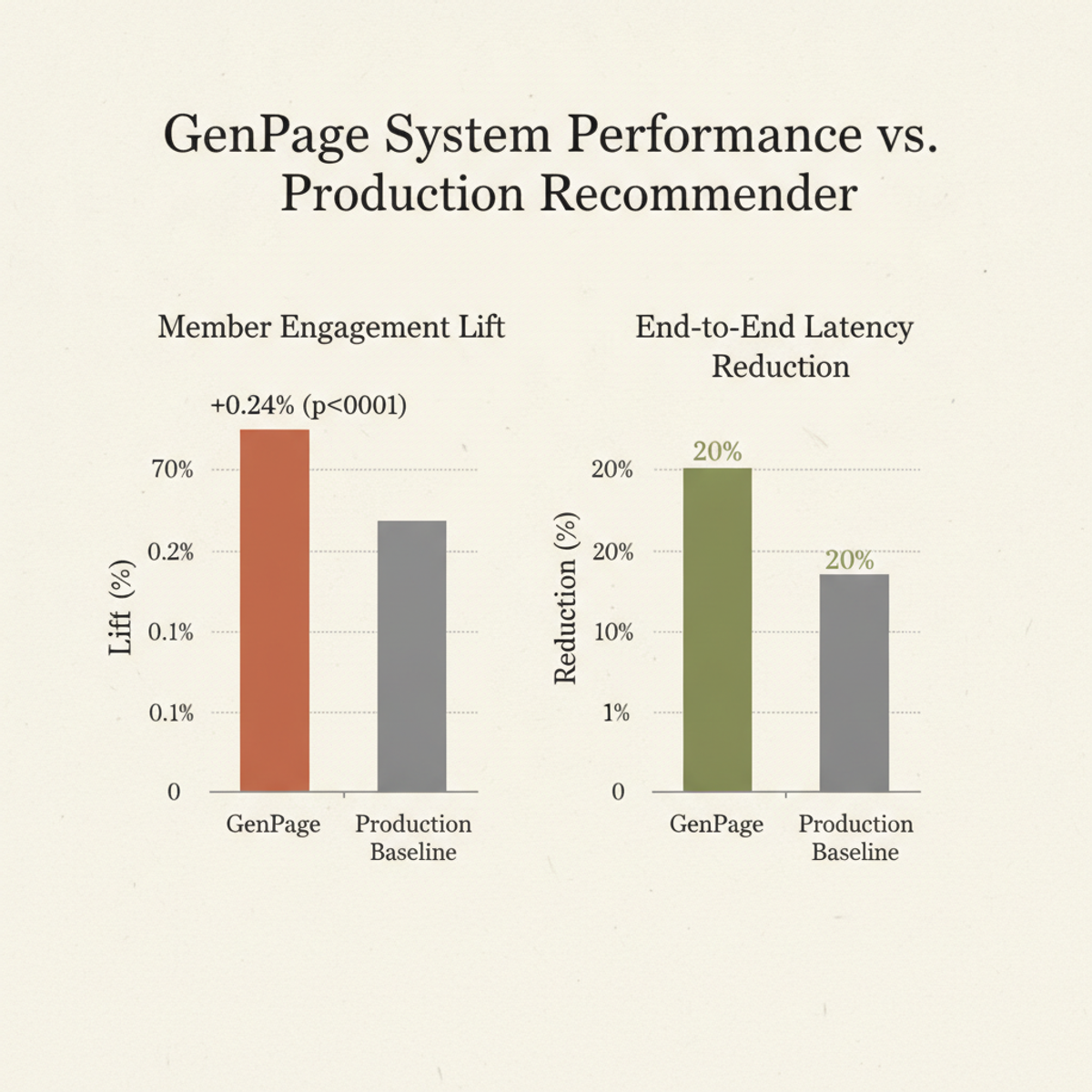 Netflix's GenPage delivered 0.24% engagement lift (statistically significant) and 20% end-to-end latency reduction over the production multi-stage recommender.