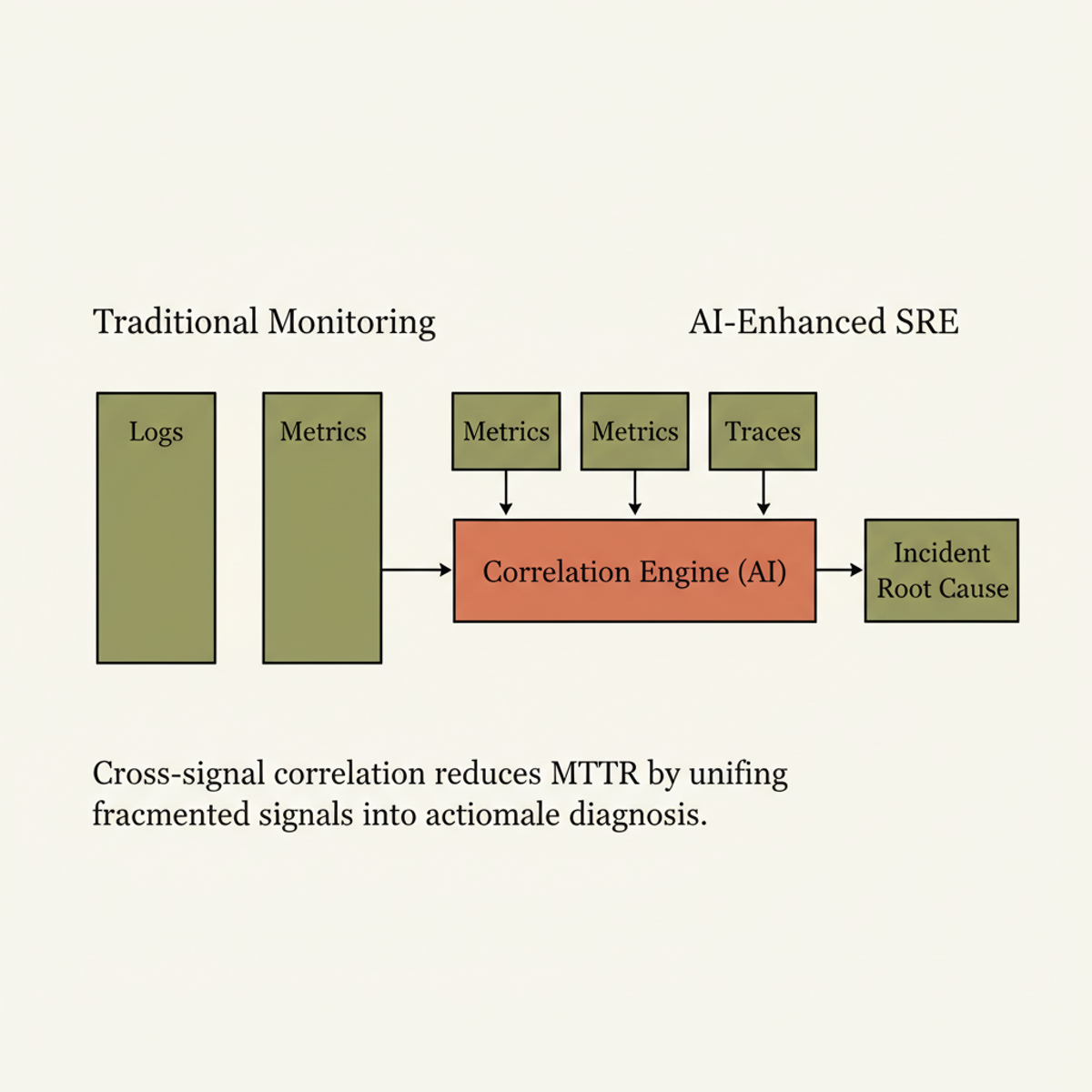 Traditional monitoring requires engineers to manually correlate logs, metrics, and traces. AI-enhanced SRE ingests all signals into a unified correlation engine, pinpointing root cause faster.