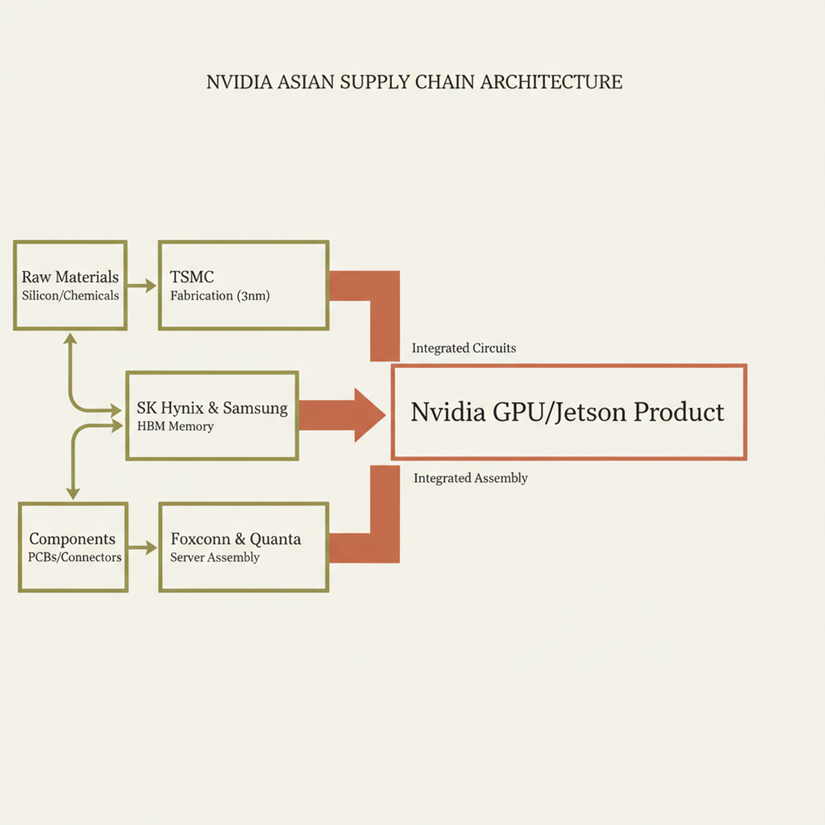 Nvidia's core GPU supply chain flows through TSMC (fabrication), Korean memory suppliers, and Foxconn/Quanta (assembly)—all Asia-based, all critical-path.