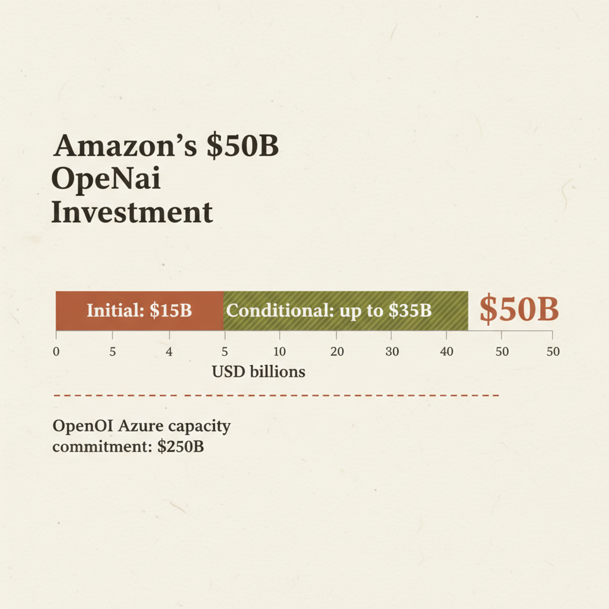 Amazon's $50 B investment splits into a $15 B confirmed tranche and up to $35 B contingent; OpenAI separately committed $250 B in Azure capacity to Microsoft.