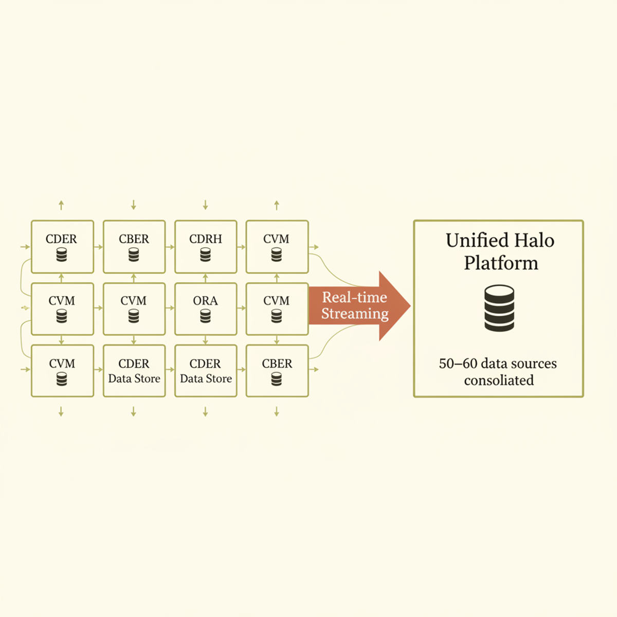 FDA consolidated 8 separate center data stores into a unified Halo platform, replacing days-long batch transfers with real-time streaming.