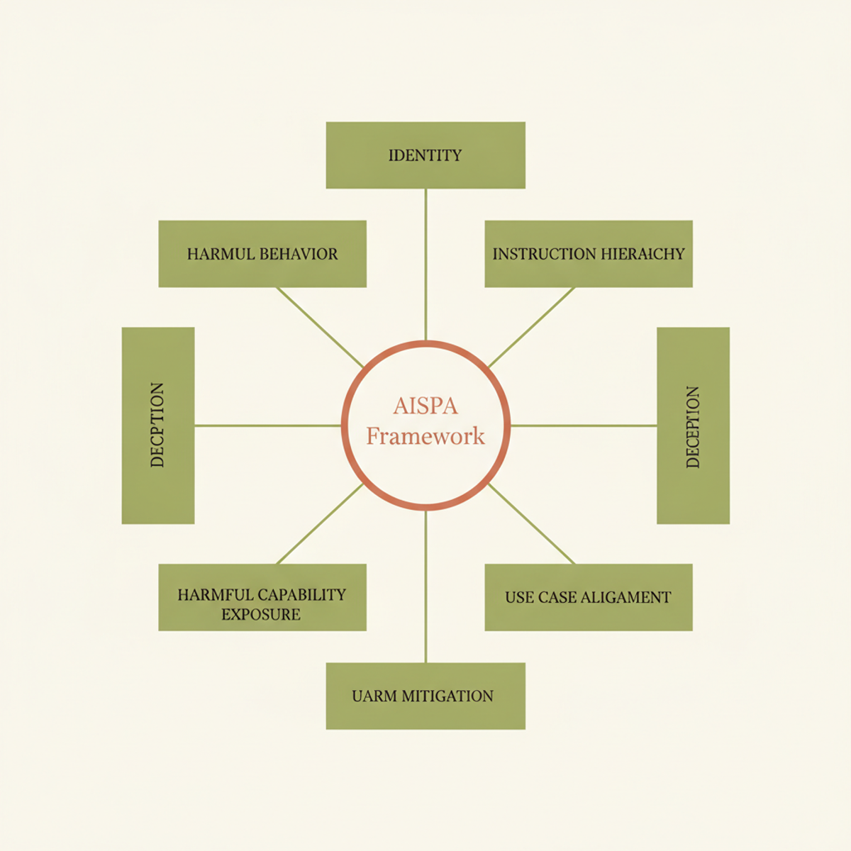 The AISPA framework evaluates system prompts across eight auditable dimensions covering identity, behavior, hierarchy, deception, mitigation, capability exposure, alignment, and transparency.