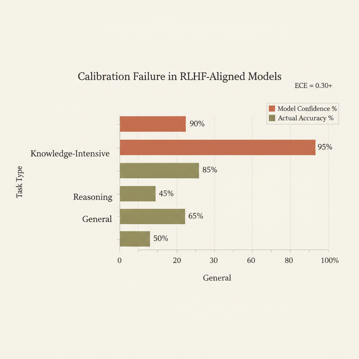 RLHF models emit high confidence (80–100%) even on knowledge-intensive and reasoning tasks where actual accuracy is much lower, yielding Expected Calibration Error (ECE) ≥ 0.30.