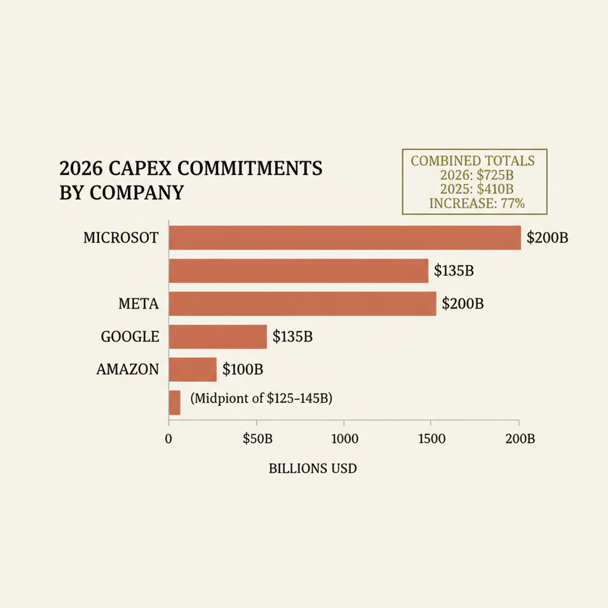 Big Tech capex commitments for 2026 reach $725 billion, a 77% increase from $410 billion in 2025.