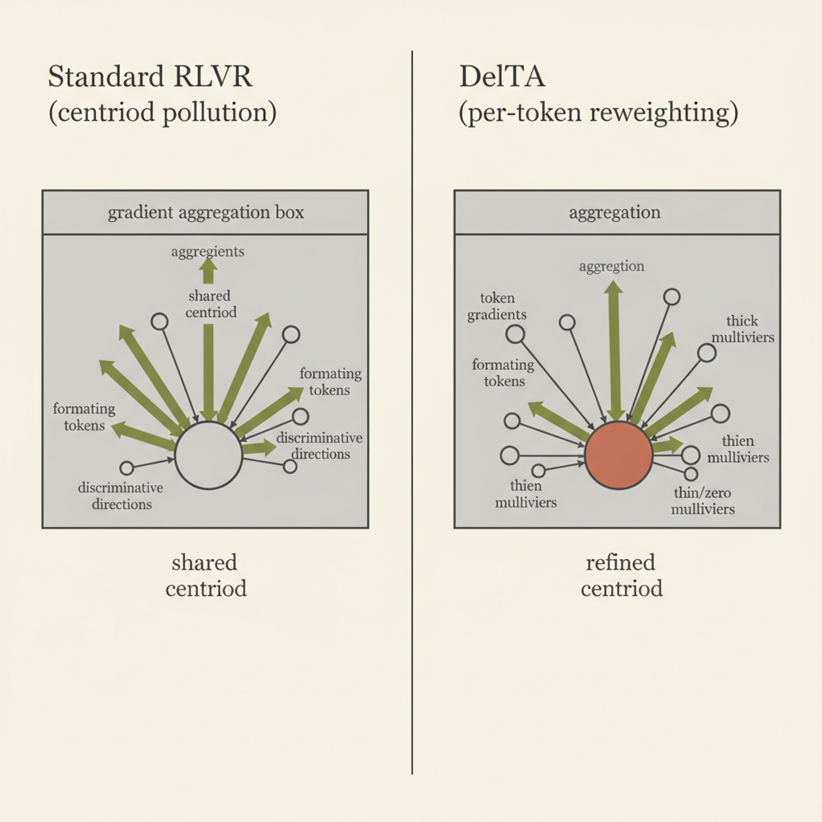DelTA reweights token gradients to amplify discriminative directions and suppress shared formatting noise, replacing standard centroid averaging.