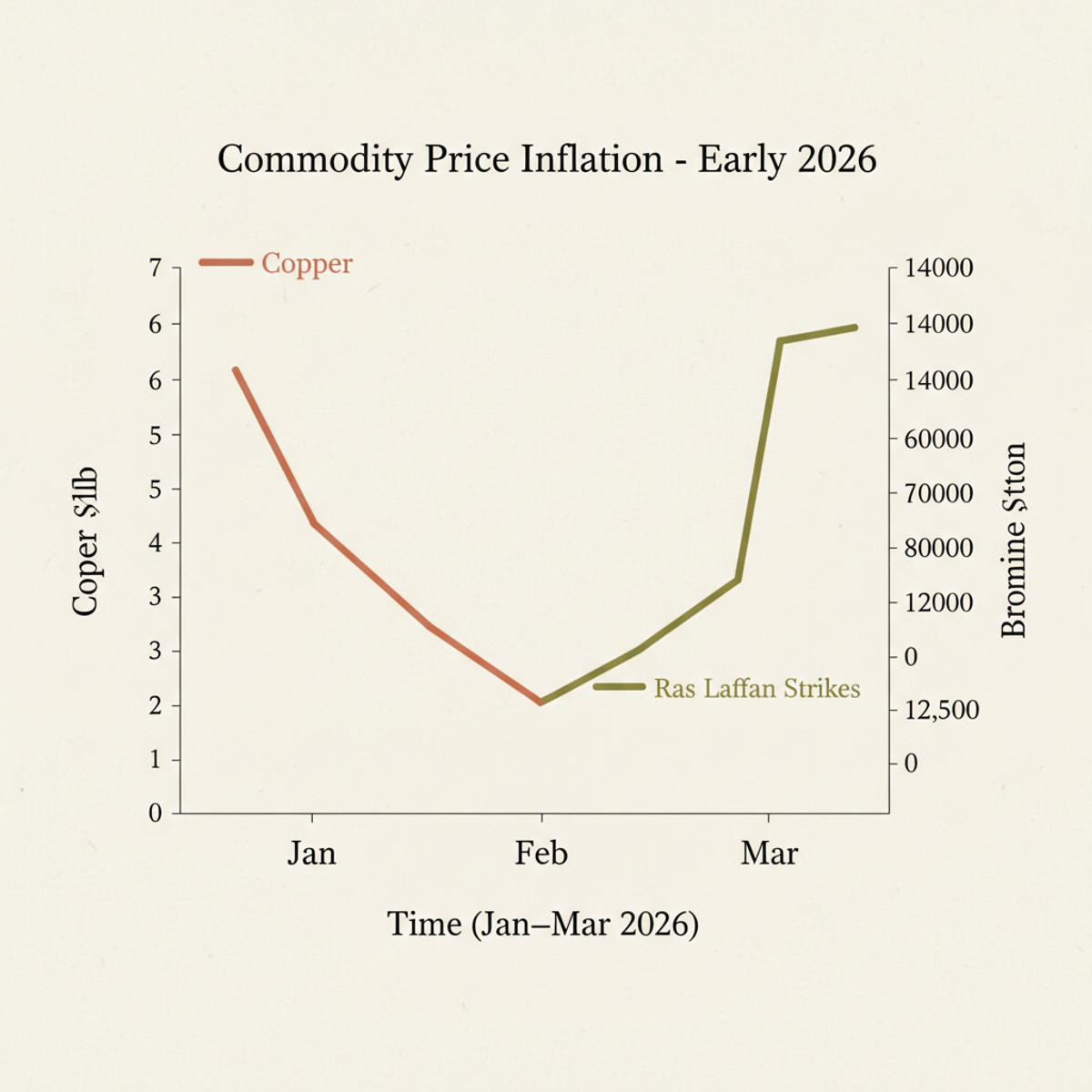 Copper and bromine prices surge amid supply disruption: copper peaked at $6/lb; bromine doubled following Qatar strikes.