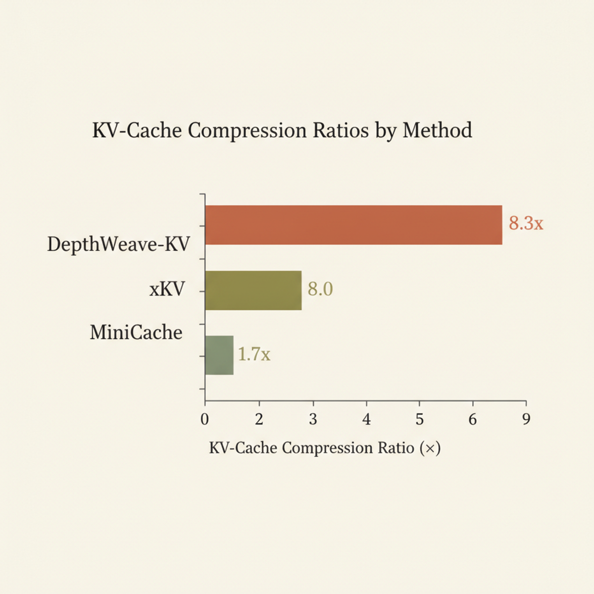 KV-cache compression ratios: DepthWeave-KV vs. comparable baseline methods.