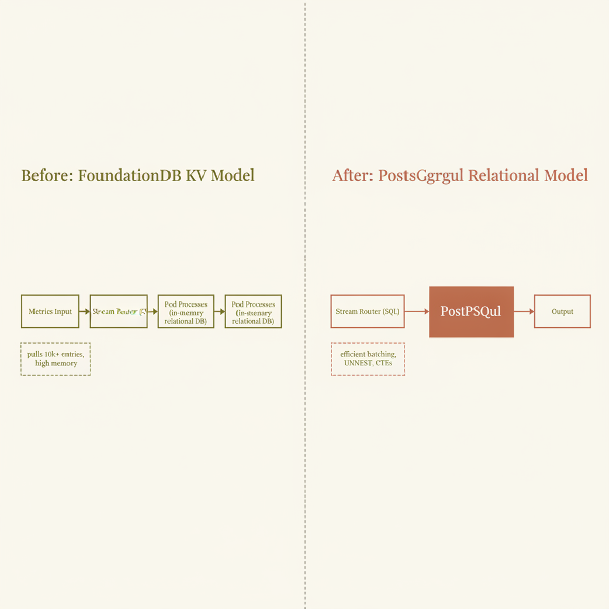 Stream Router evolved from a FoundationDB KV model that forced in-memory relational logic to a native PostgreSQL design with SQL optimizations.