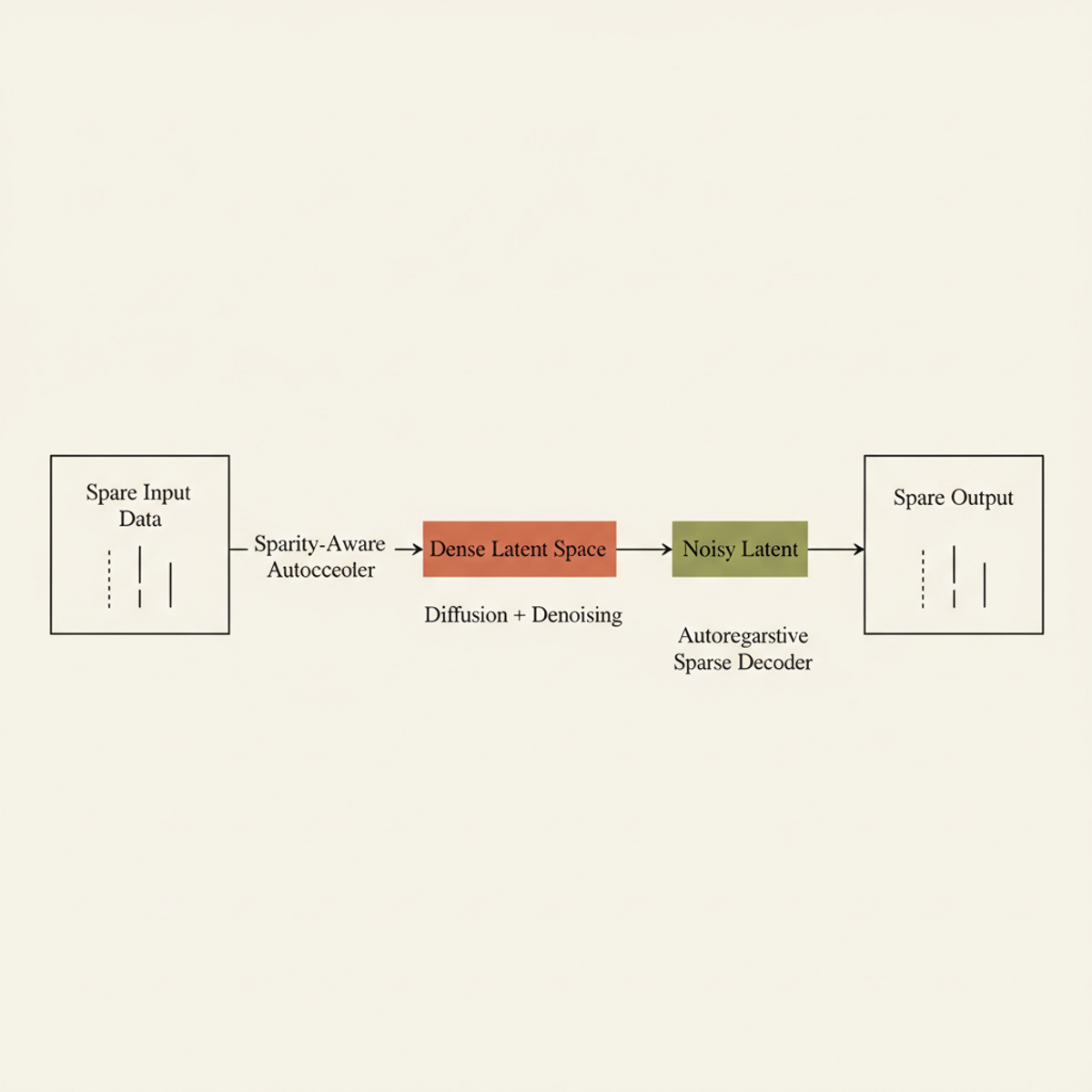 SED pipeline: sparsity-aware encoding compresses to dense latent space, diffusion operates there, then autoregressive decoding reconstructs sparse output.