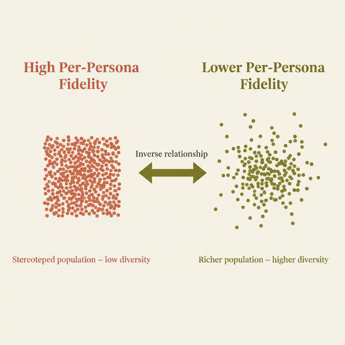 The fidelity–diversity paradox: models with the sharpest per-persona scores produce the most homogenised populations overall.