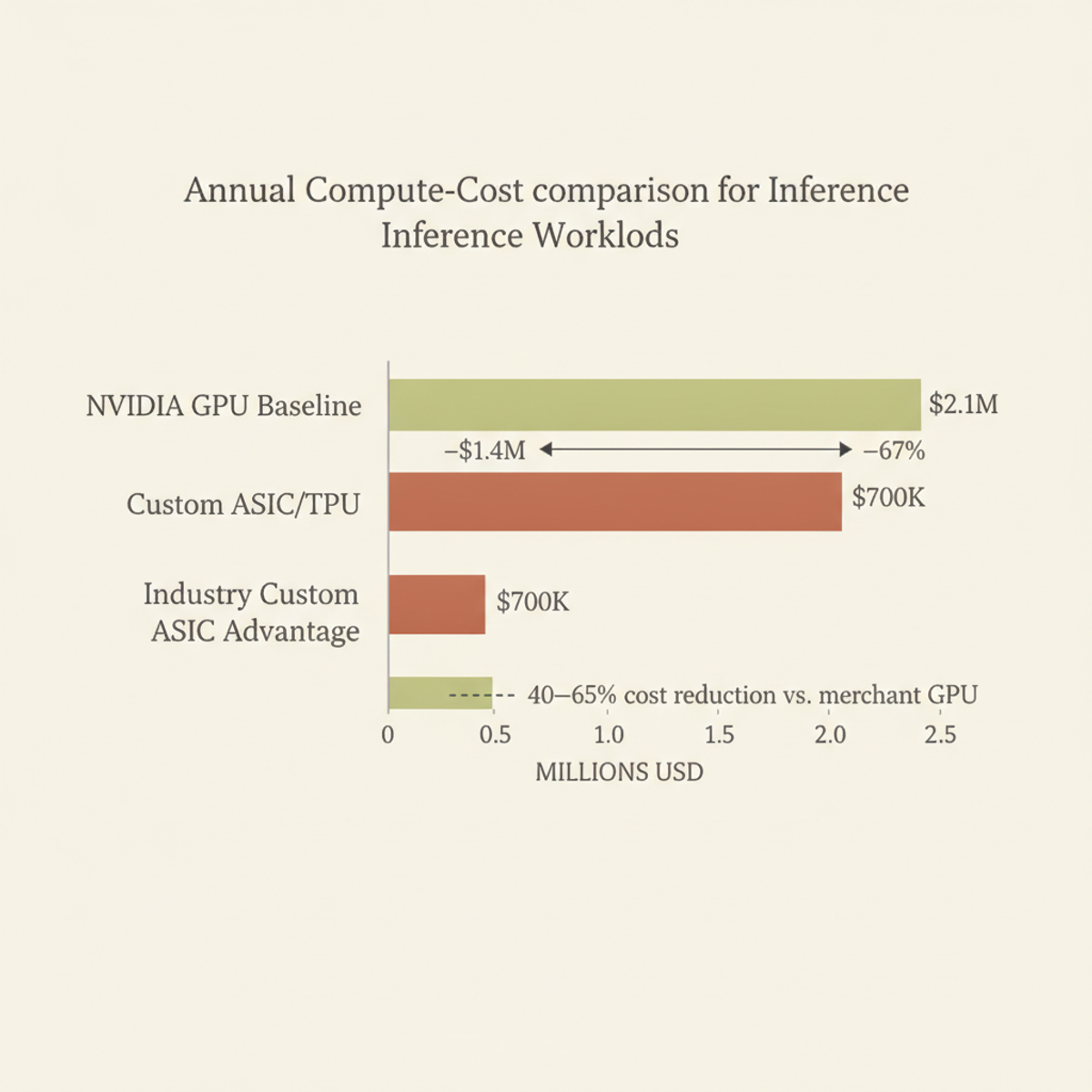 Midjourney reduced monthly compute costs 67% by switching from NVIDIA GPUs ($2.1M) to Google TPUs ($700K), reflecting the 40–65% per-unit cost advantage of custom ASICs.