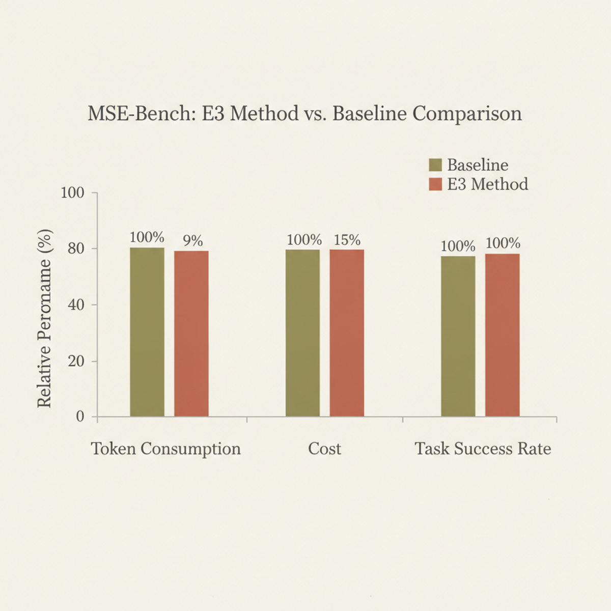 E3 method performance vs. baseline on MSE-Bench: 91% token reduction, 85% cost reduction, 100% task success maintained.