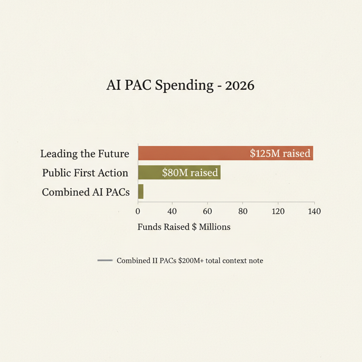 AI PACs raised over $200 million for 2026 midterms, with Leading the Future and Public First Action dominating funding.