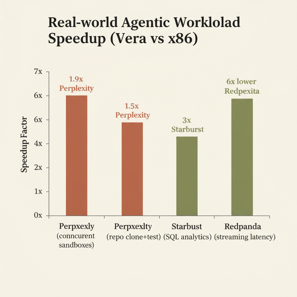 Customer benchmarks: Vera speedups across sandbox orchestration, SQL analytics, and data streaming vs x86.