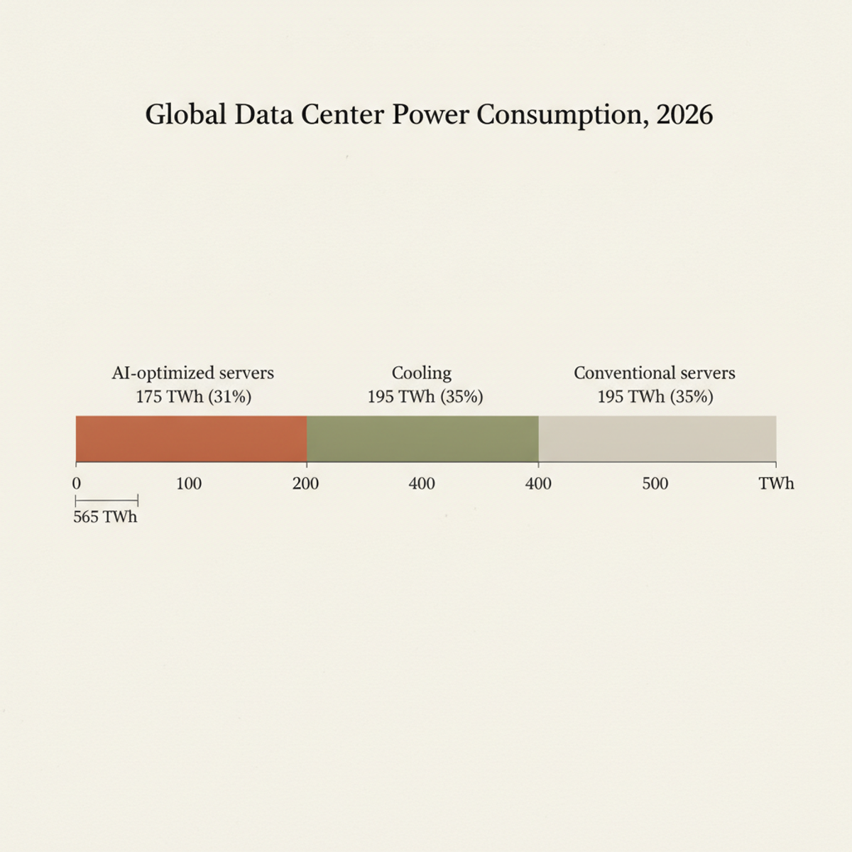 Global data center electricity consumption is projected to reach 565 TWh in 2026, with AI-optimized servers accounting for 31% of the total.