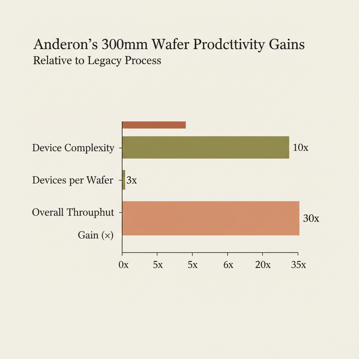 Anderon's 300mm wafer shift multiplies device output by ~30× through increased device complexity (10×) and wafers per production line (3×).