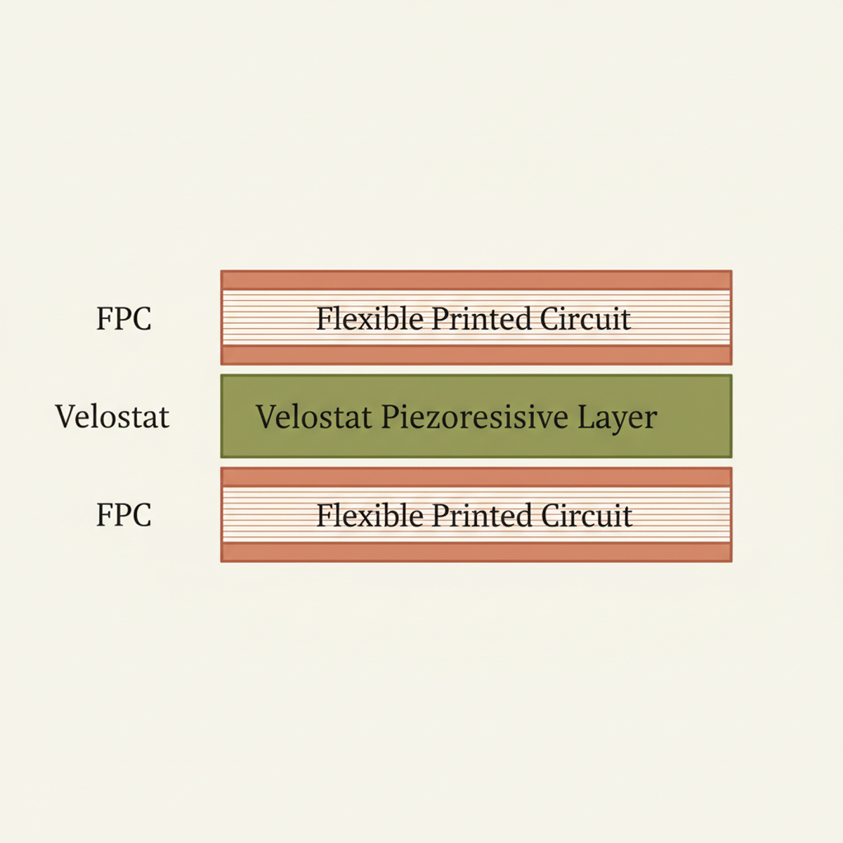 FlexiTac three-layer laminate stack: flexible printed circuits sandwich a piezoresistive Velostat layer with integrated electrode patterns.
