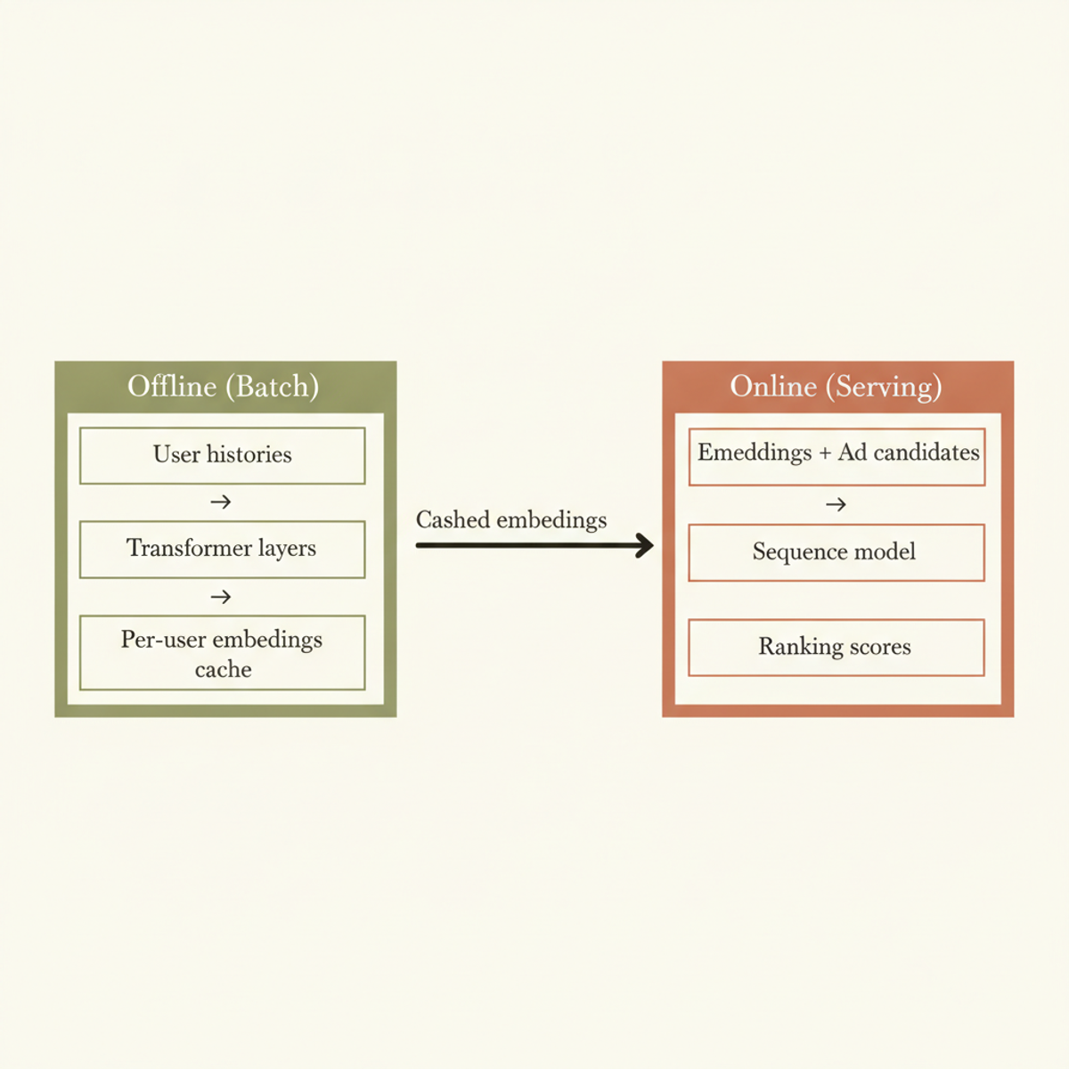 Two-stage architecture decouples compute-heavy offline modeling from low-latency serving.