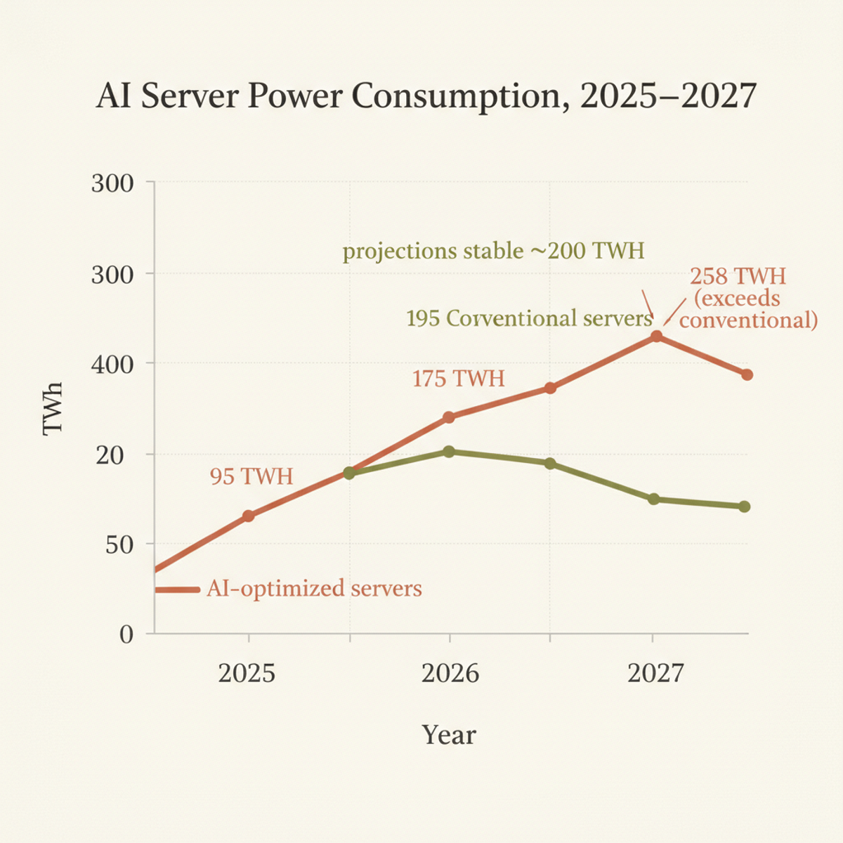 AI servers will consume more power than conventional data center hardware by 2027, when they cross 258 TWh annually.