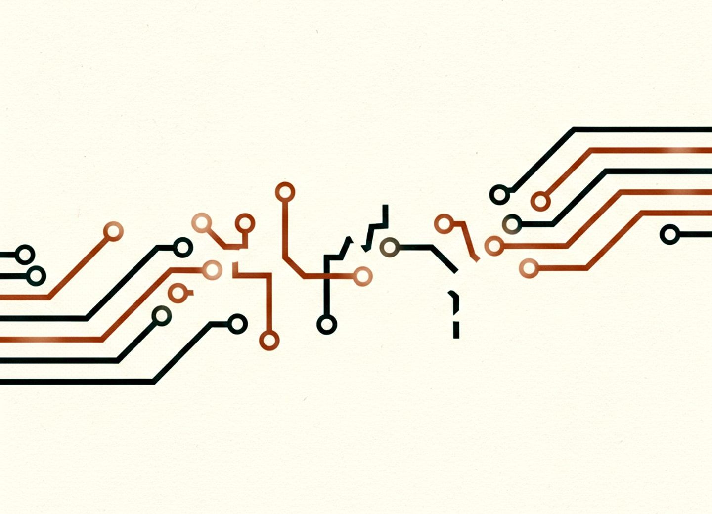 A circuit diagram glows where complete, dims where knowledge gaps remain