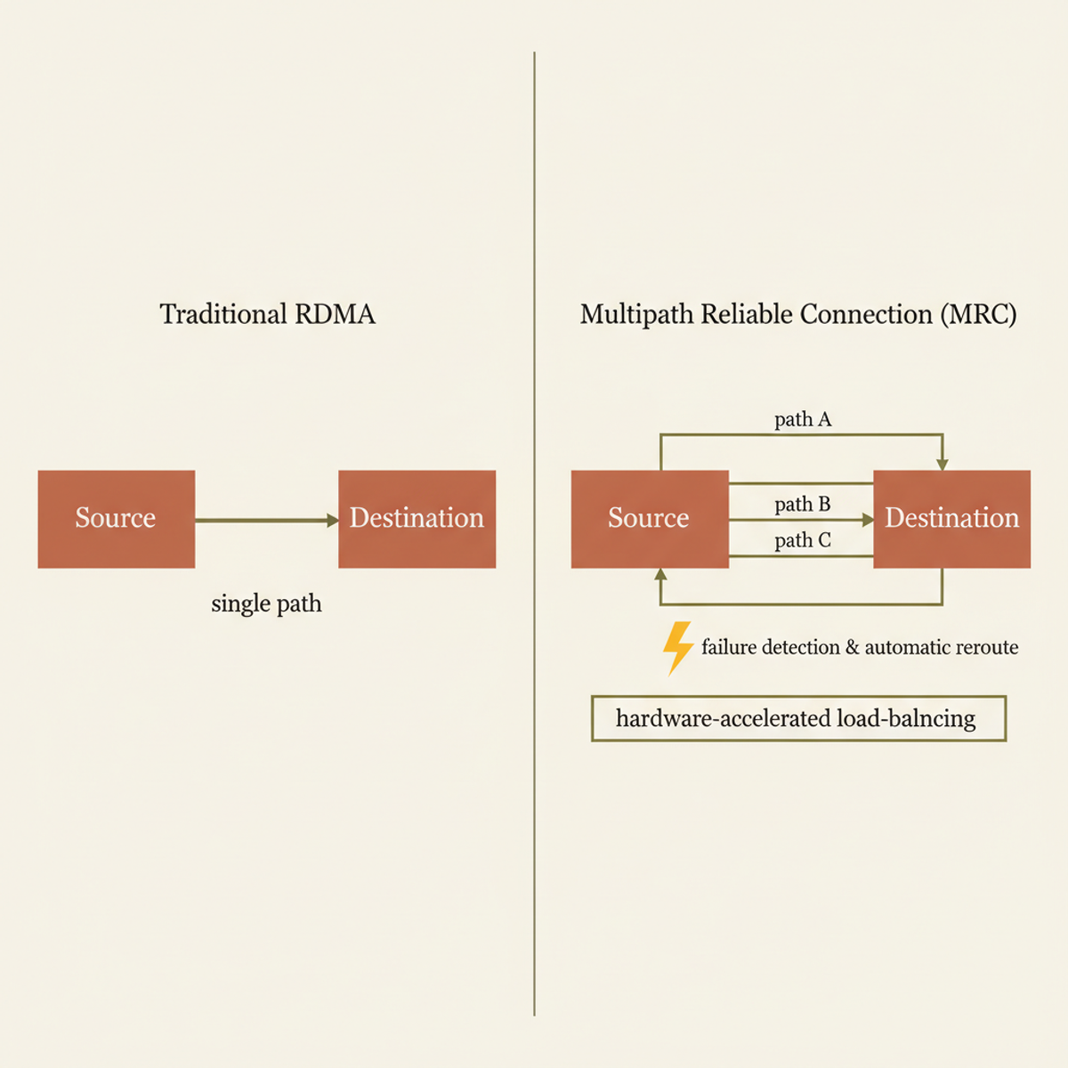 MRC enables traffic to split across multiple network paths with automatic failover, replacing single-path RDMA.