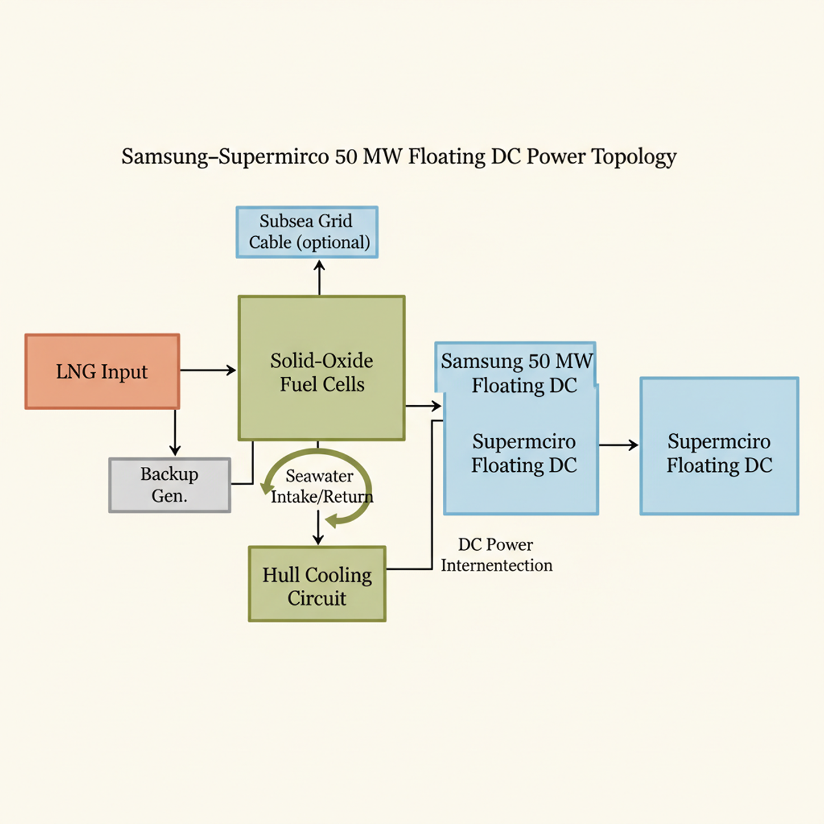 Dual-power topology: onsite solid-oxide fuel cells on LNG for baseload; seawater cooling; optional grid tie via subsea cable.