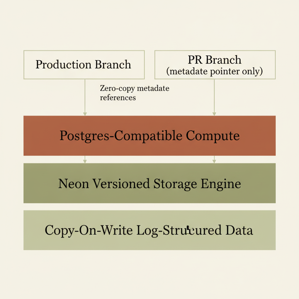 Lakebase architecture: branches as metadata pointers on copy-on-write storage enable O(1) isolation without data duplication.