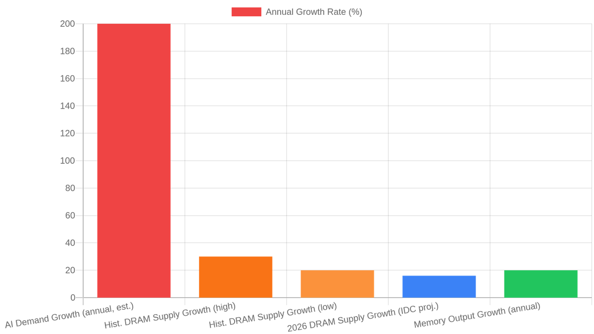 Memory supply growth vs. AI demand growth, and HBM market revenue outlook (2025–2028)