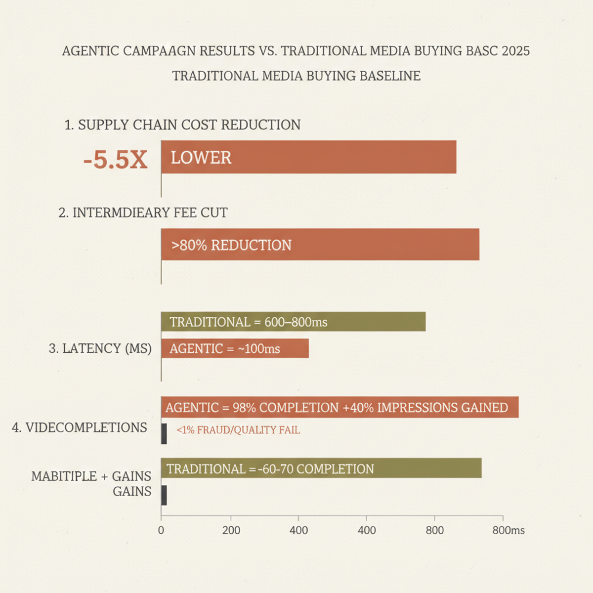 Butler/Till + PubMatic December 2025 agentic CTV campaign: supply chain costs 5.5x lower, fees cut >80%, latency reduced from 600–800ms to ~100ms, 98% video completion rate.