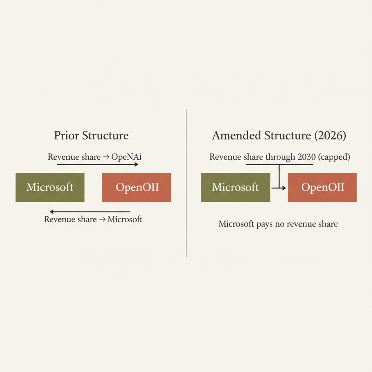 Revenue flow between OpenAI and Microsoft: bidirectional under the prior deal, simplified to a single capped stream under the 2026 amendment.