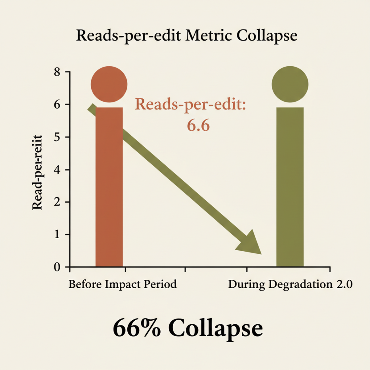AMD analysis of 6,852 Claude Code sessions showed reads-per-edit collapsing from 6.6 to 2.0 during the six-week degradation window.