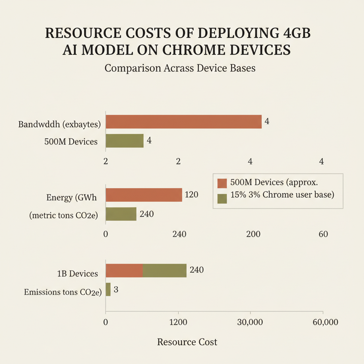 Resource cost of deploying 4GB AI model: comparison across 500M vs. 1B Chrome devices.