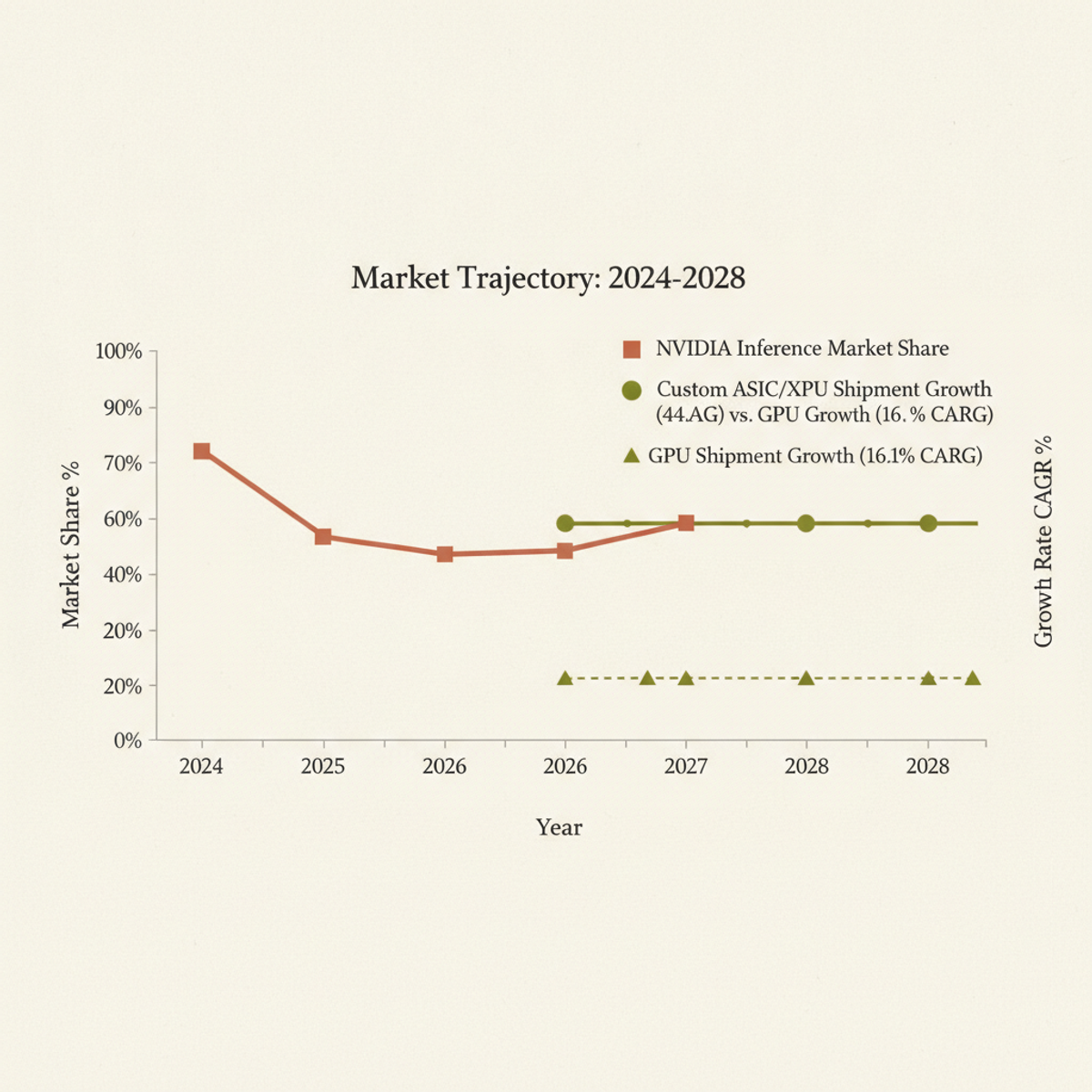 NVIDIA inference share falls from 90% to 20–30% by 2028 while custom ASICs grow at 44.6% CAGR, outpacing merchant GPU growth of 16.1%.