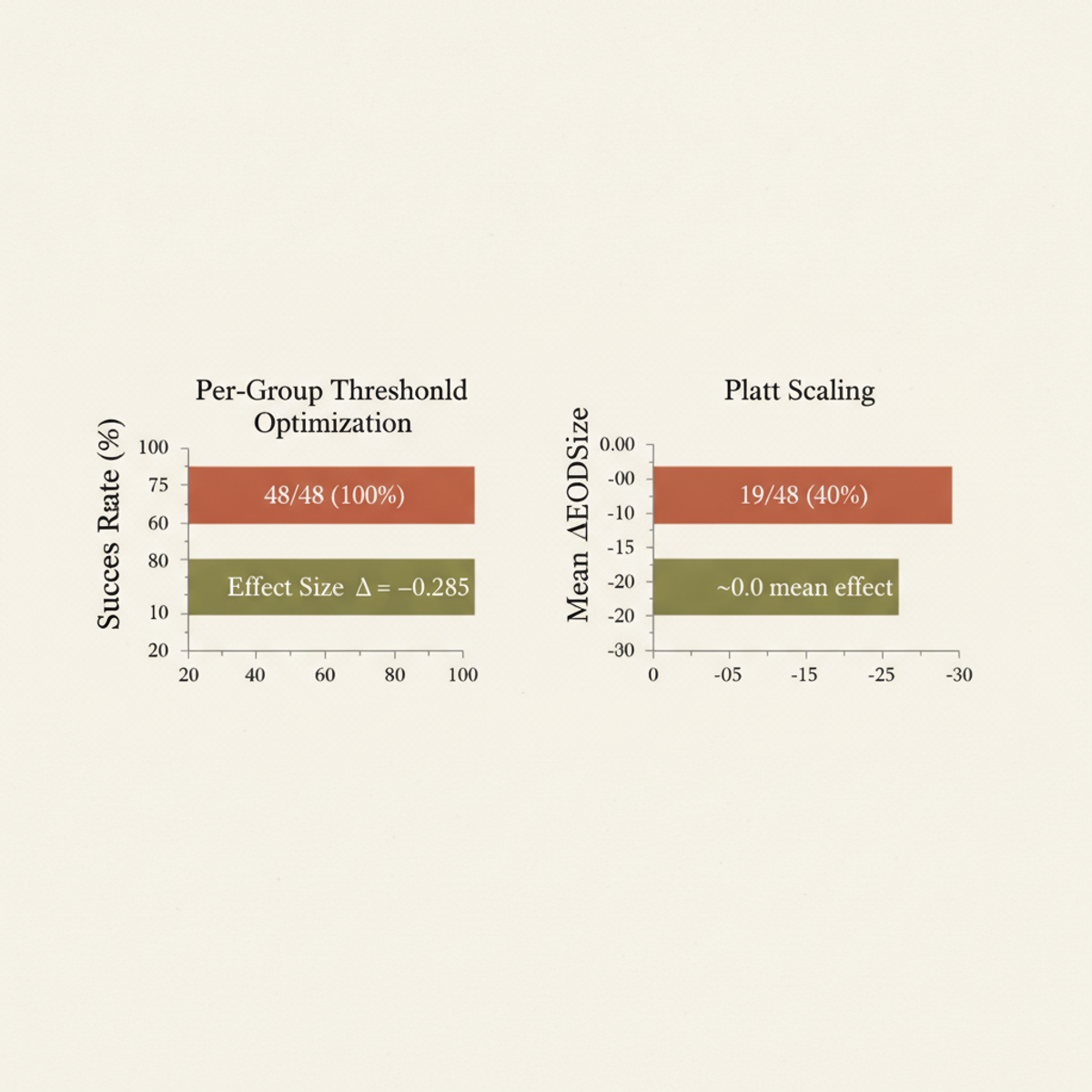 Per-group threshold optimization reduces EOD consistently (48/48 runs, Δ=−0.285); Platt scaling succeeds in only 19/48 runs with negligible mean effect.
