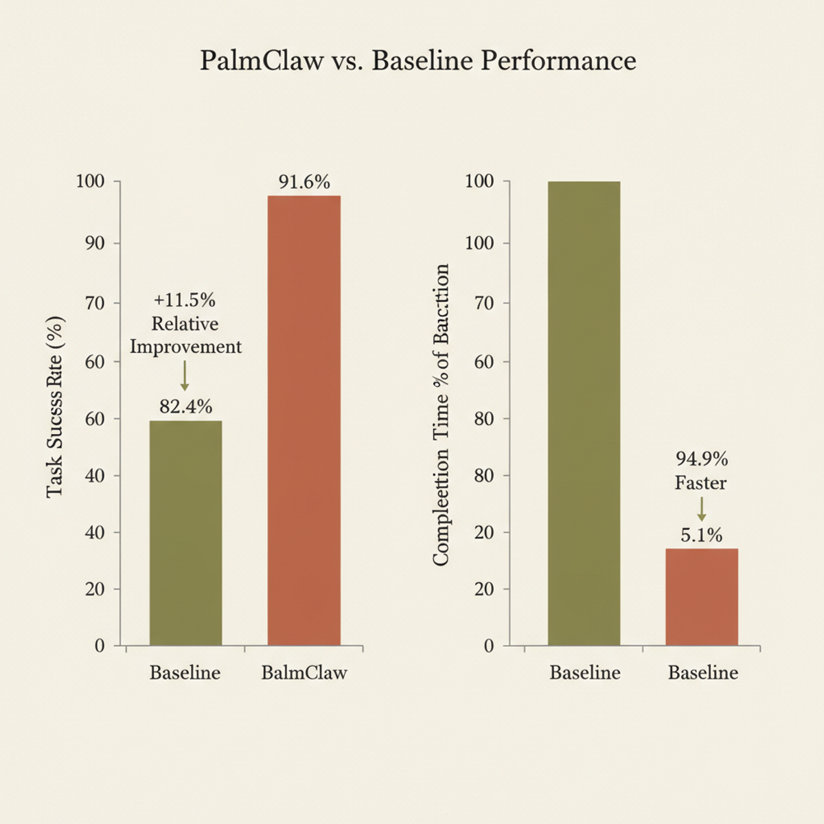 PalmClaw performance vs. baseline: 11.5% task success improvement and 94.9% latency reduction.