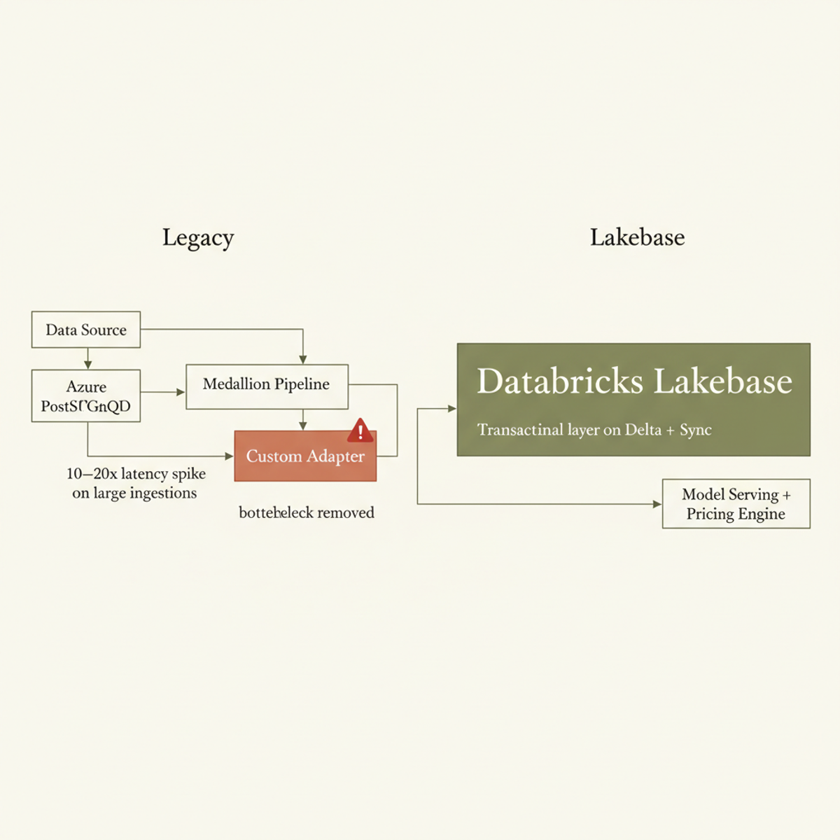 Legacy multi-hop architecture created a bottleneck in the external adapter layer; Lakebase unifies data and serving within the lakehouse.