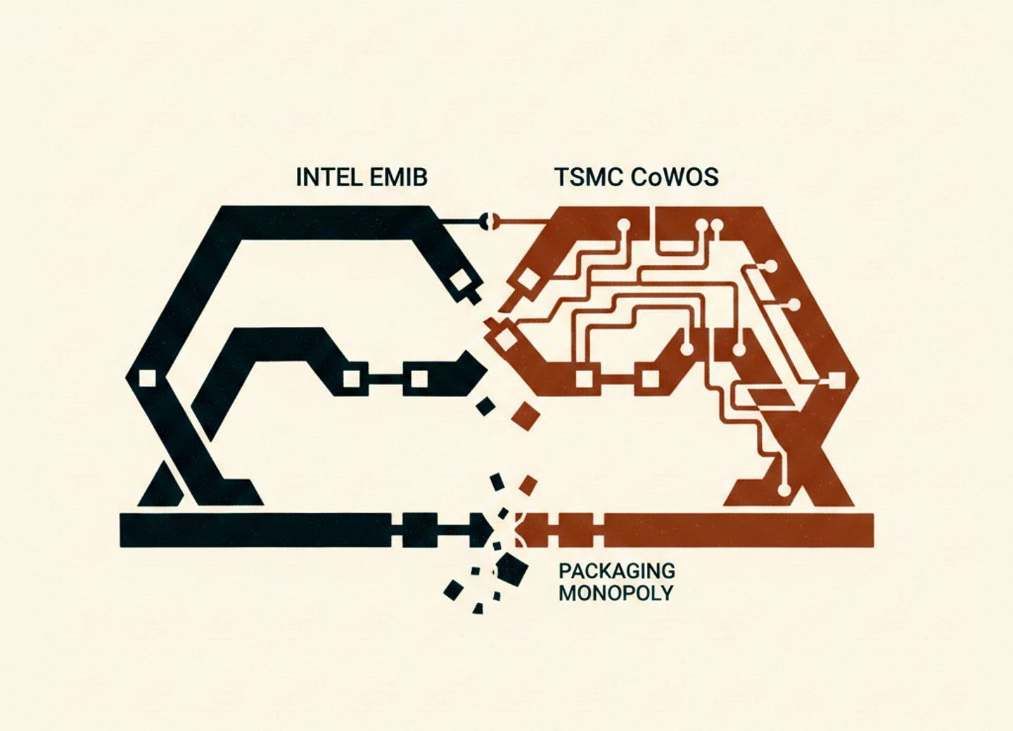 Intel's EMIB bridges rival TSMC CoWoS dominance.