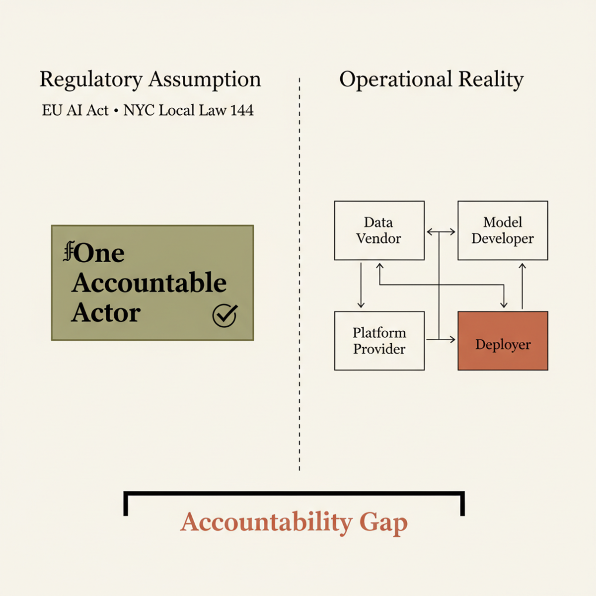 Regulatory frameworks were designed for single-actor accountability; real AI hiring systems distribute agency across four interdependent stakeholders, creating an unresolved governance gap.