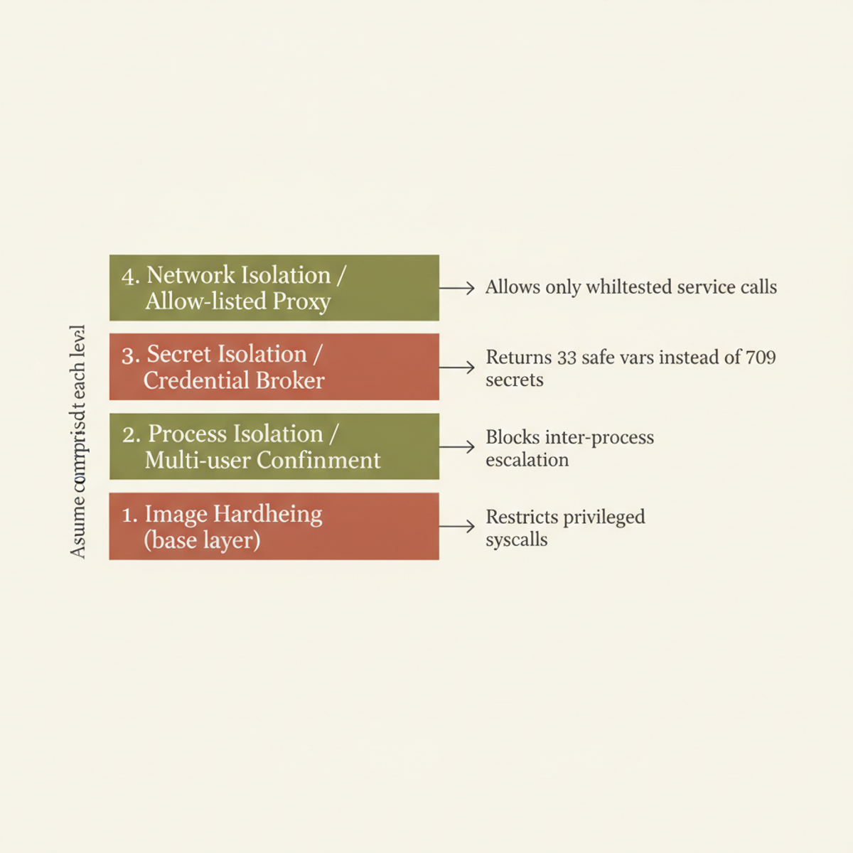 Four-layer isolation stack: each layer assumes the previous has failed; the credential broker (layer 3) reduces accessible secrets from 709 to 33.