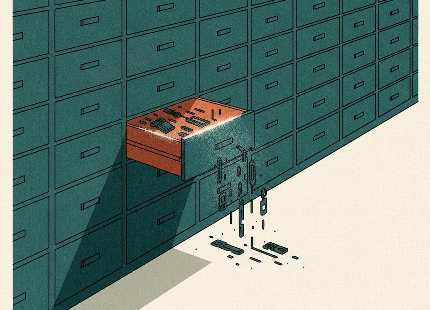 A single open drawer left undisturbed among sealed rows