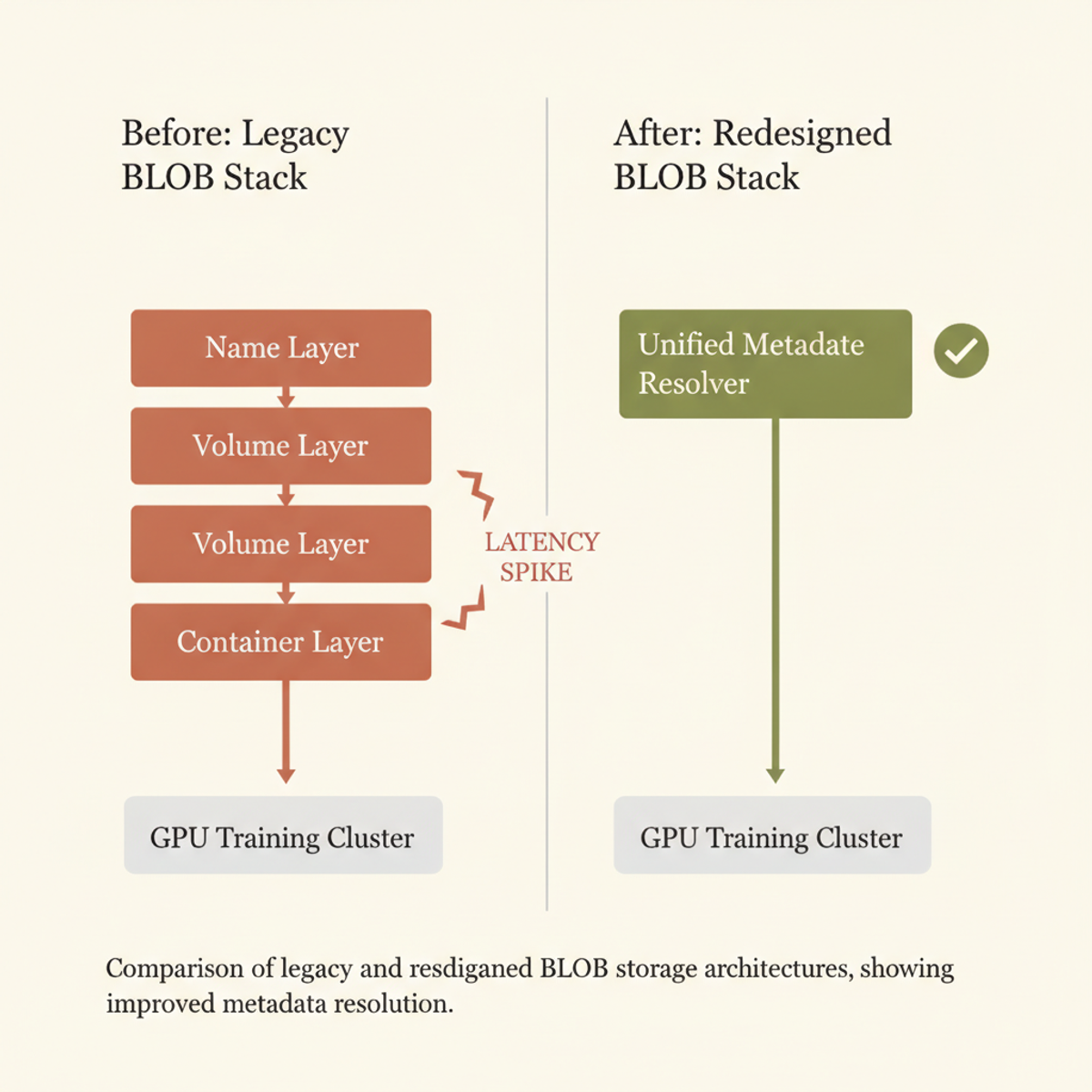 Legacy BLOB architecture forced sequential metadata lookups across three layers; redesign flattens to unified resolver to reduce GPU stall latency.