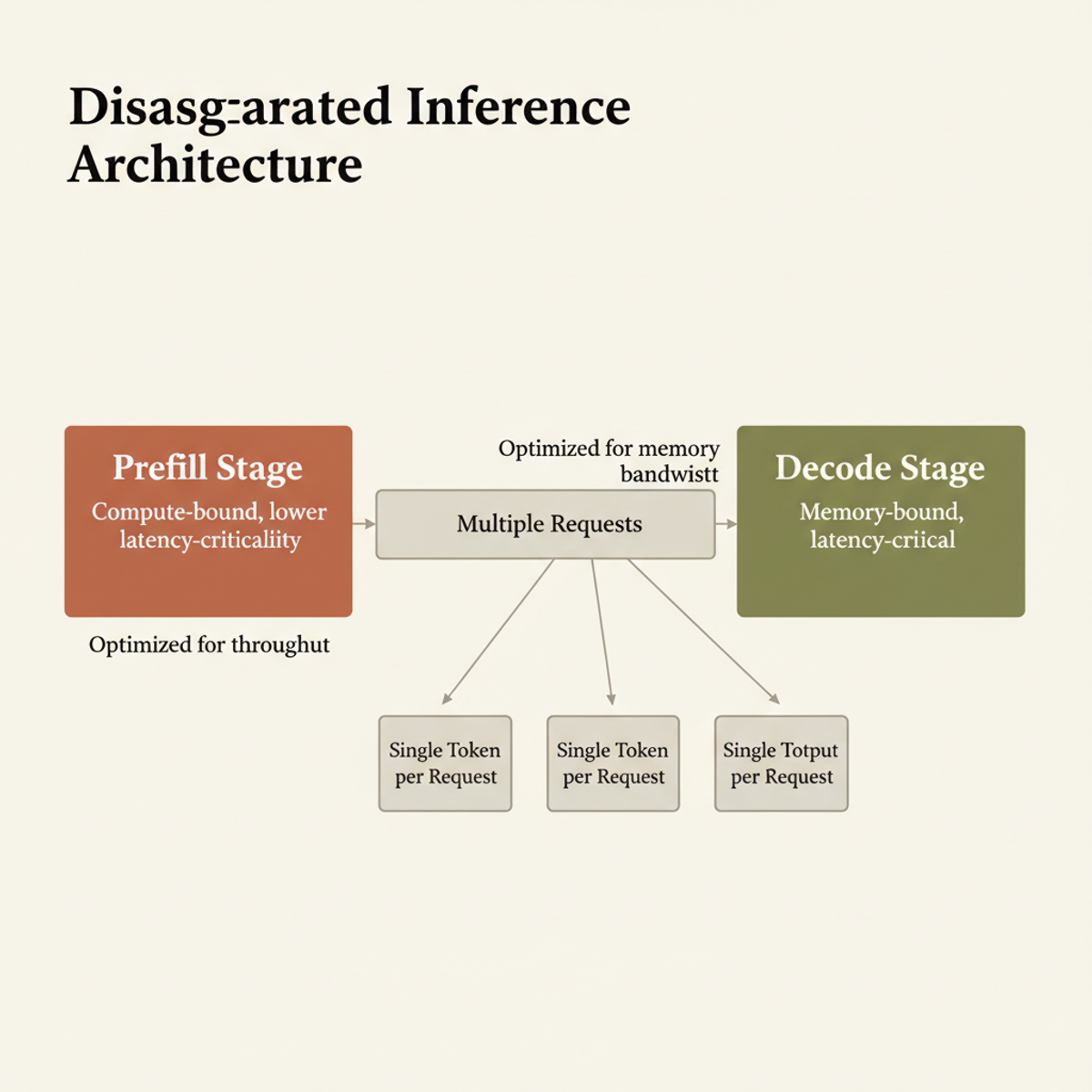 Disaggregated prefill and decode stages scale independently: compute-intensive prefill can batch requests; memory-intensive decode prioritizes latency per token.