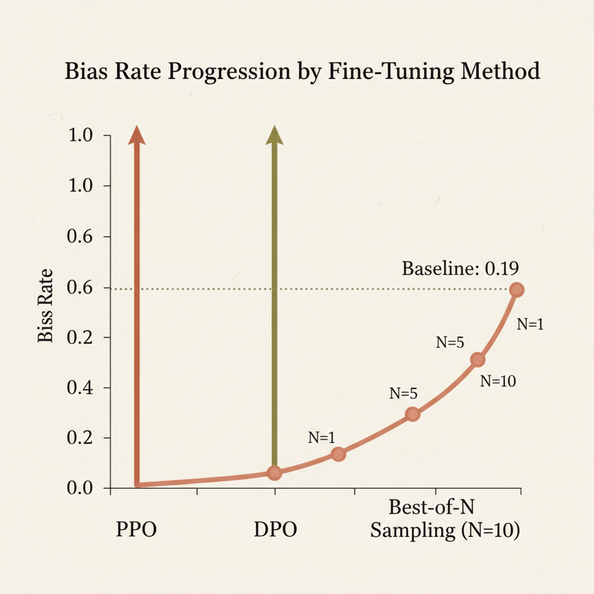 Bias rate amplification under three RLHF fine-tuning strategies: PPO and DPO drive bias toward 1.0; best-of-N sampling increases bias monotonically with N.