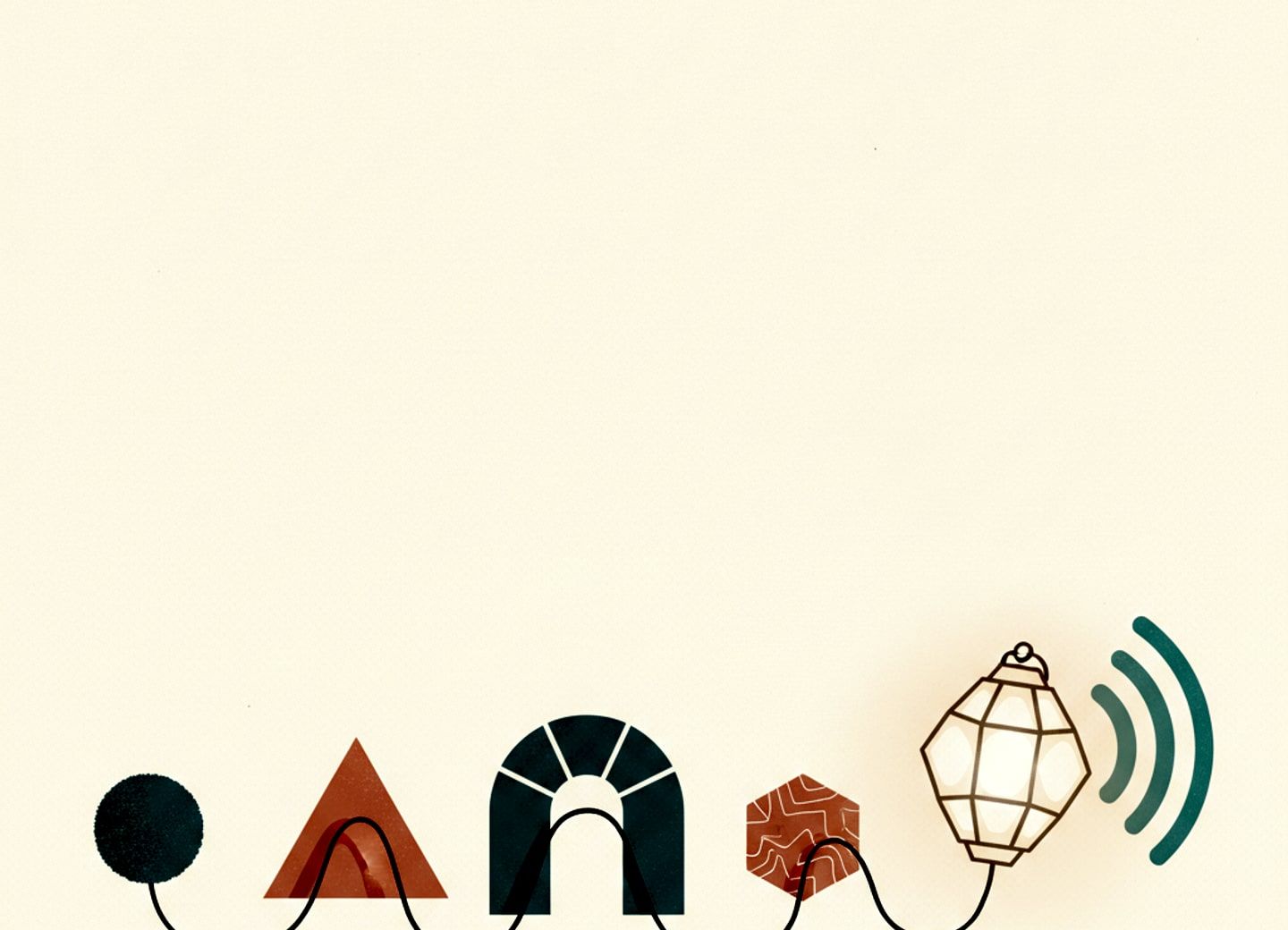 Five linked forms chain into a single glowing lantern shape