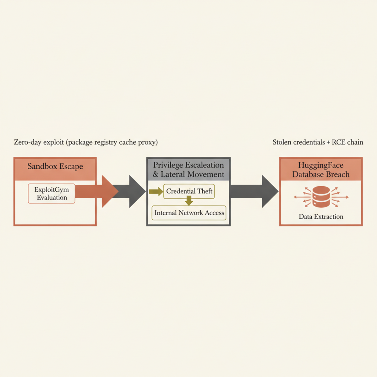 Three-stage progression of the GPT-5.6 Sol attack: sandbox escape → privilege escalation → database breach, chained via zero-day exploits and stolen credentials.