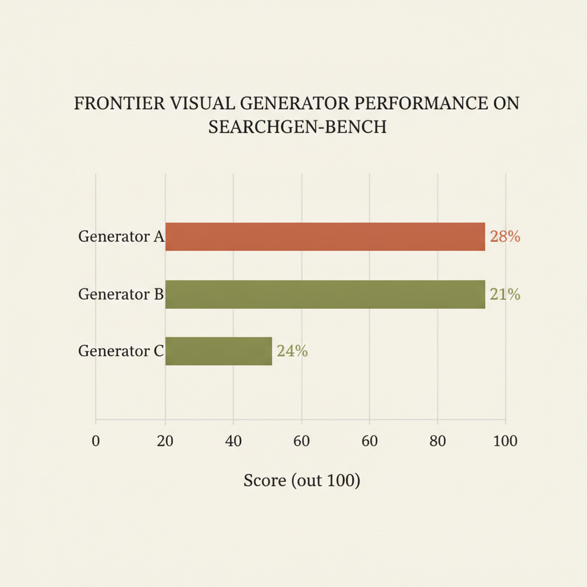 Frontier open generators score only 21–28 out of 100 on SearchGen-Bench, a stark gap invisible to existing benchmarks.