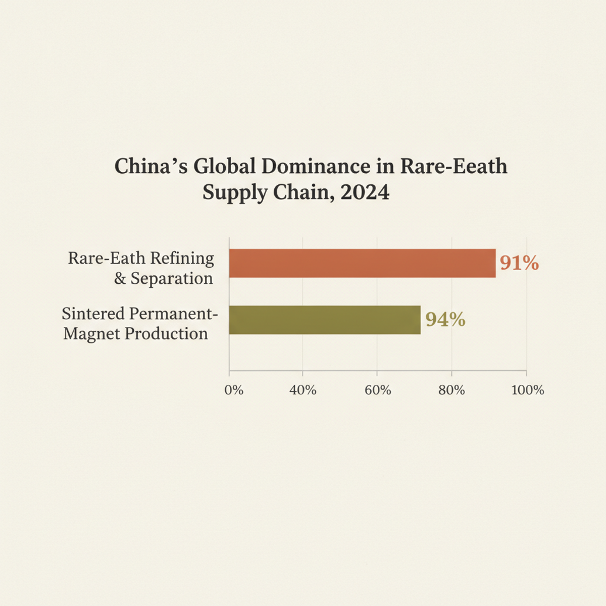 China's share of global rare-earth refining, separation, and permanent-magnet production, 2024.