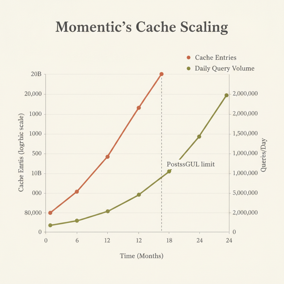 Cache scale growth (80K→20B entries) and query throughput increase (600K→2M queries/day) across Momentic's migration window.