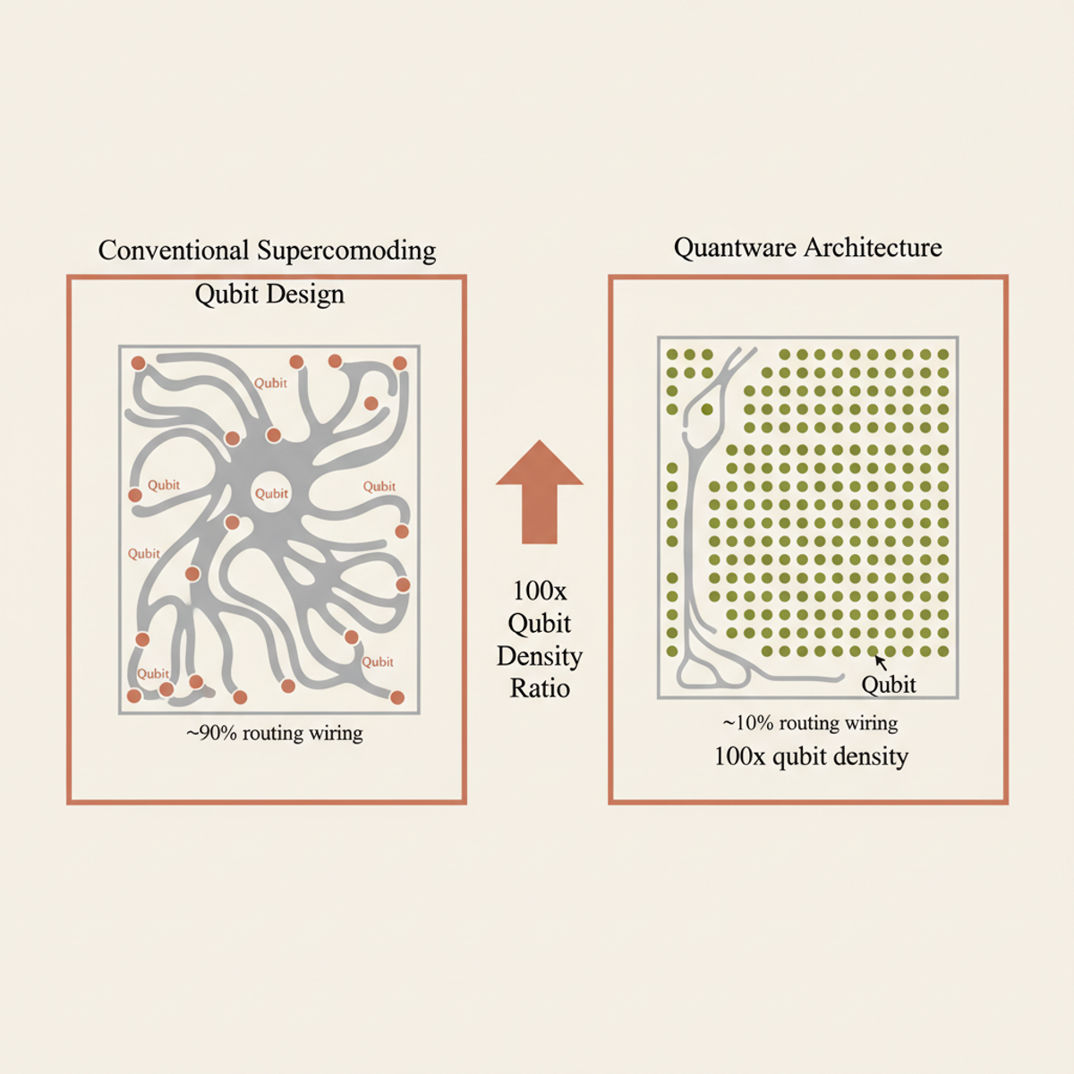 Quantware's superconducting architecture achieves 100x greater qubit density by using only ~10% of chip area for signal routing, compared to ~90% in conventional designs.