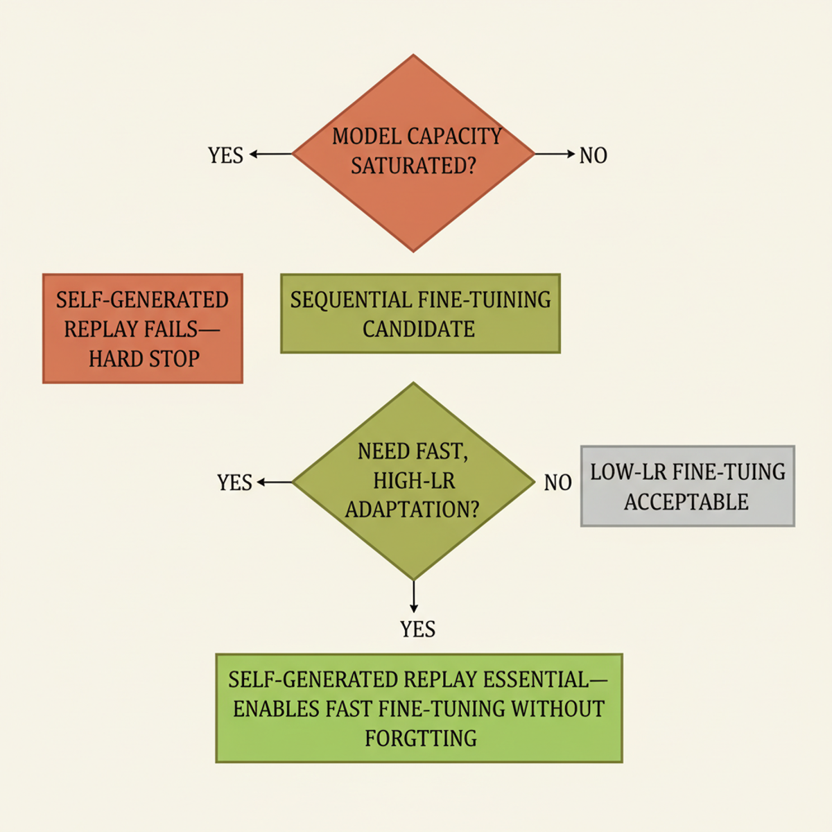 Decision tree: when self-generated replay prevents catastrophic forgetting in fine-tuned models.